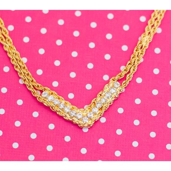 Vintage V-Shape Rhinestone Gold Tone Necklace by Avon - P9 - Picture 1 of 3